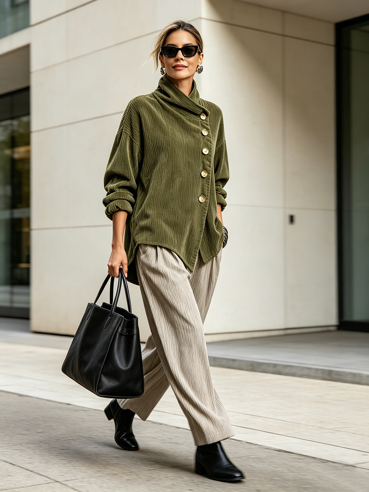 Women's Corduroy Sweater with Asymmetric Button Placket and Draped Cowl Collar 3