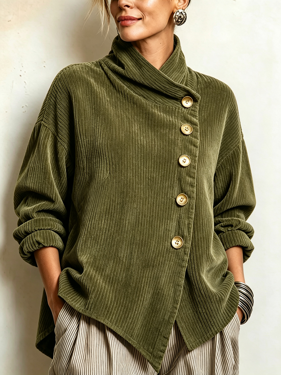 Asymmetric Ribbed Corduroy Sweater with Button Front 1