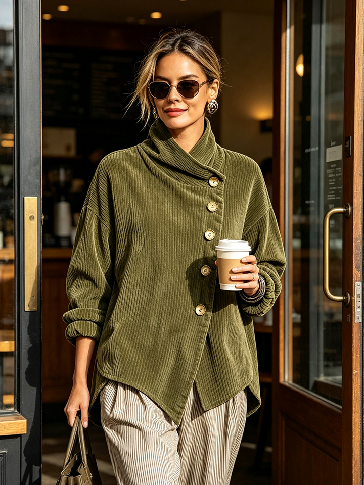 Women's Corduroy Sweater with Asymmetric Button Placket and Draped Cowl Collar 2