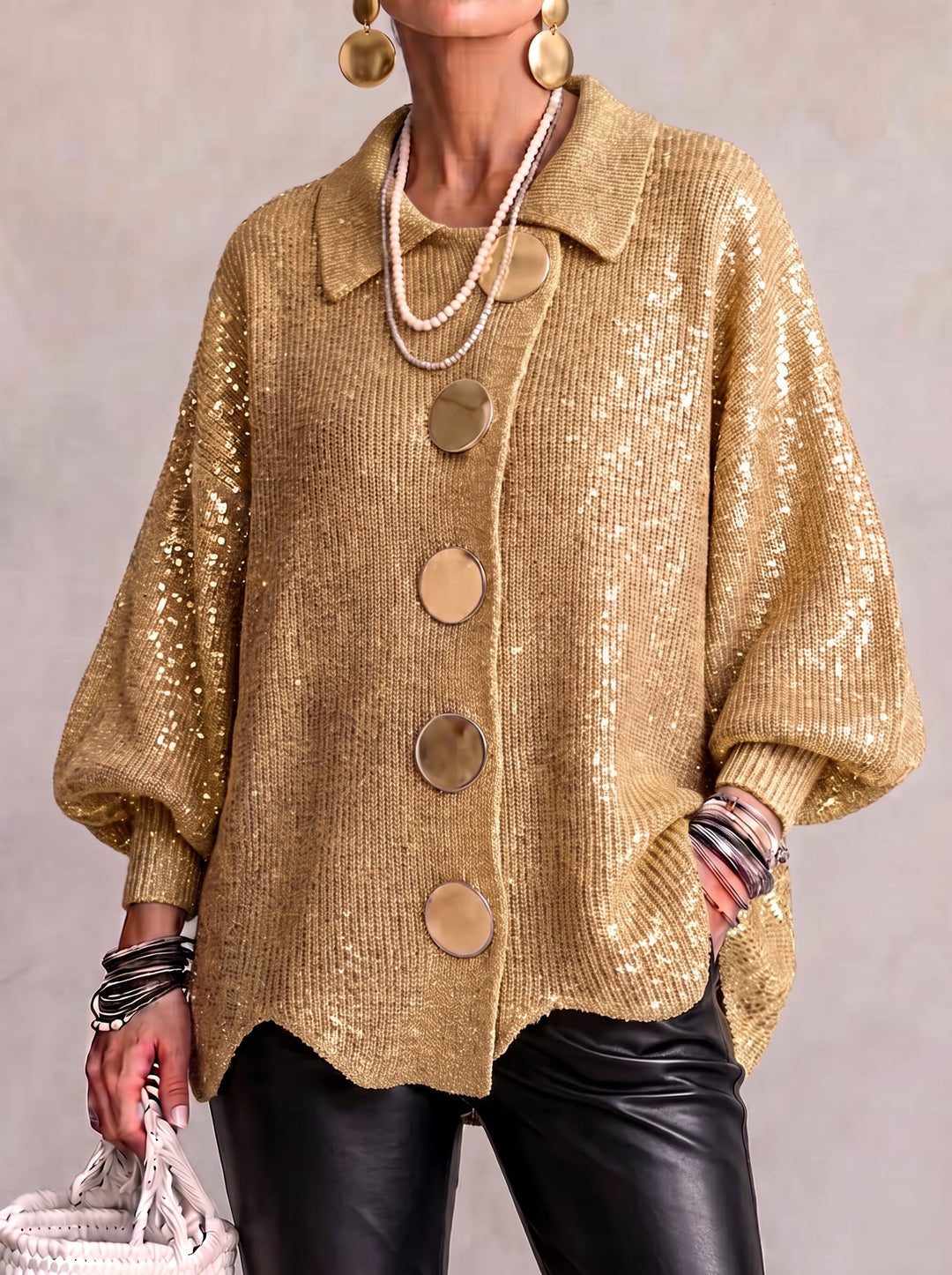 Oversized Scalloped Hem Cardigan with Gold Tone Buttons and Pointed Collar 3
