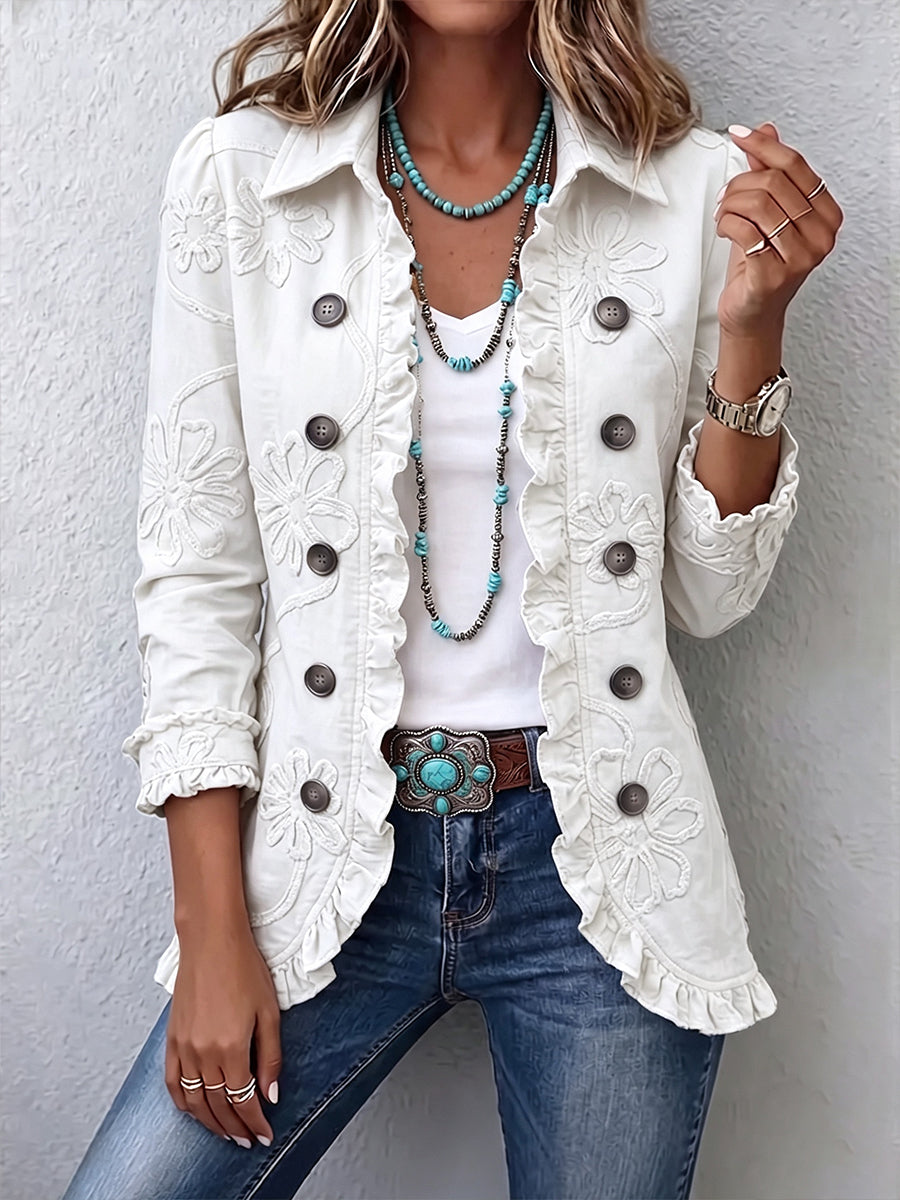 Boho Floral Embroidered Utility Jacket with Ruffle Trim 2