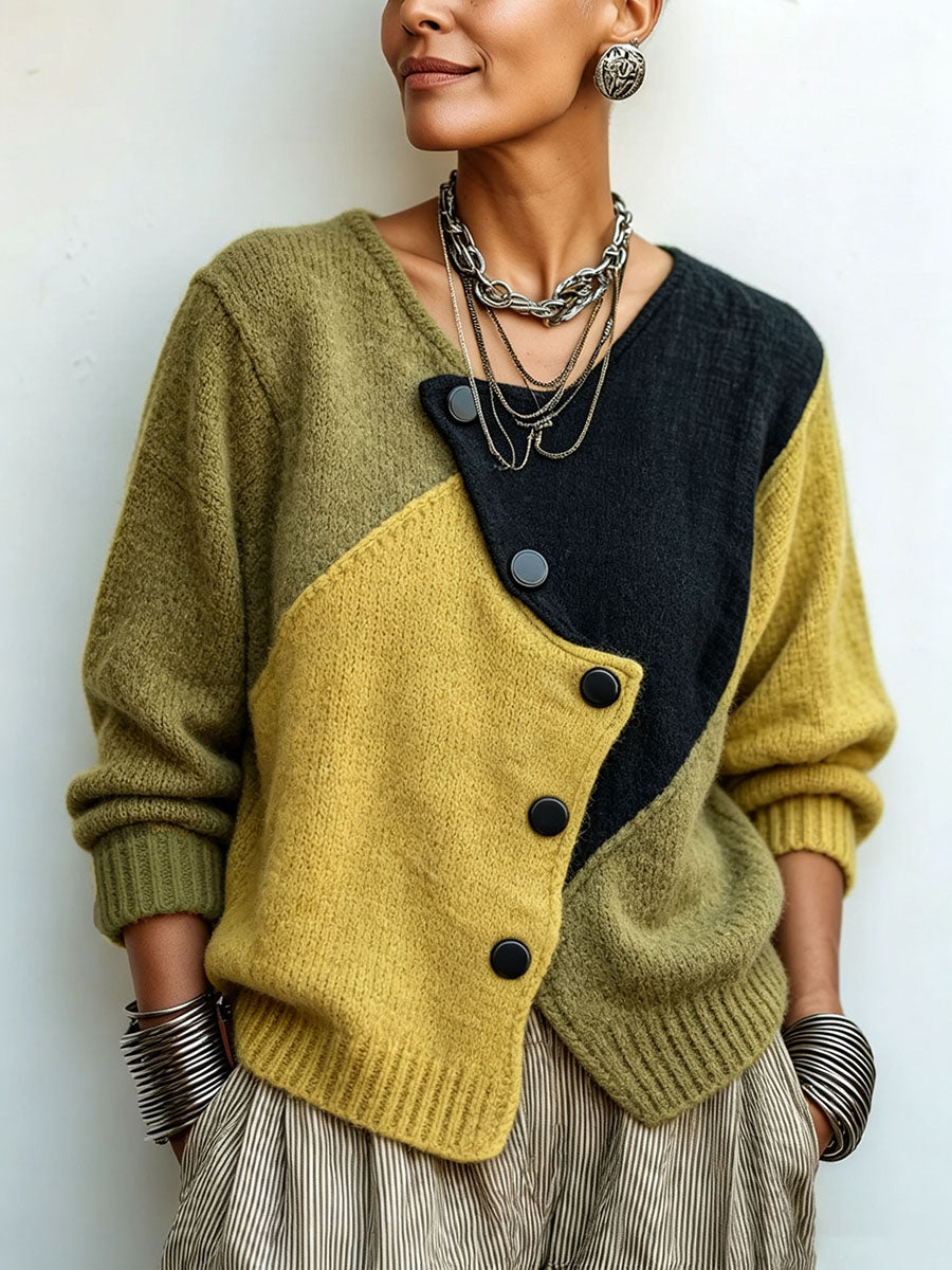 Women's Color-Block Knit Sweater with Asymmetrical Buttons 1