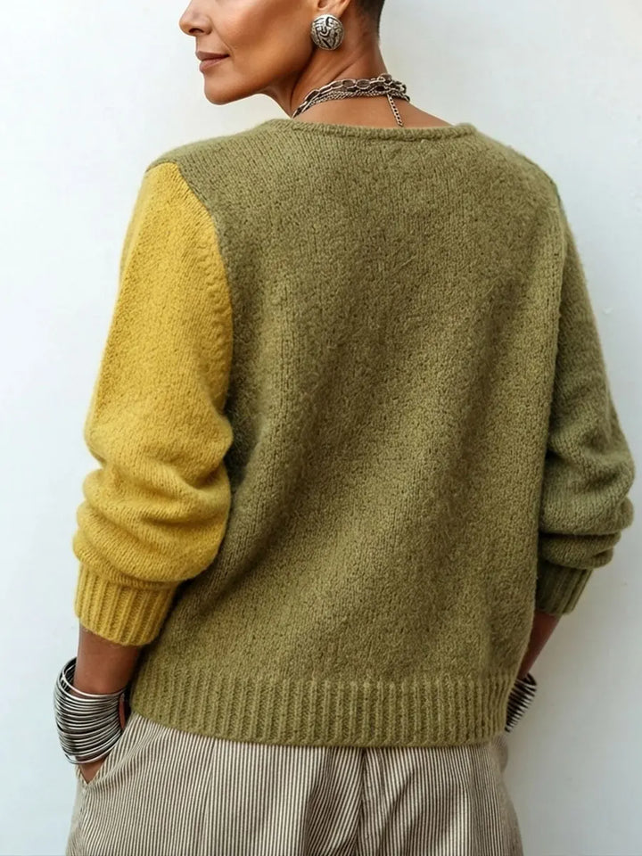 Women's Color-Block Knit Sweater with Asymmetrical Buttons 2