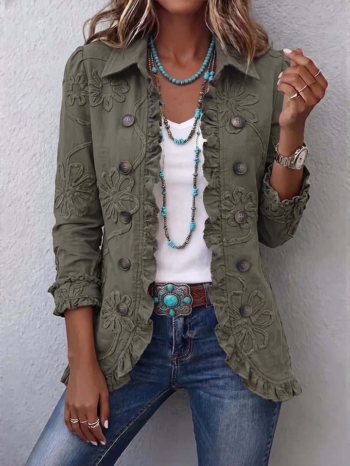 Boho-Chic Floral Utility Jacket with Ruffled Trim 1