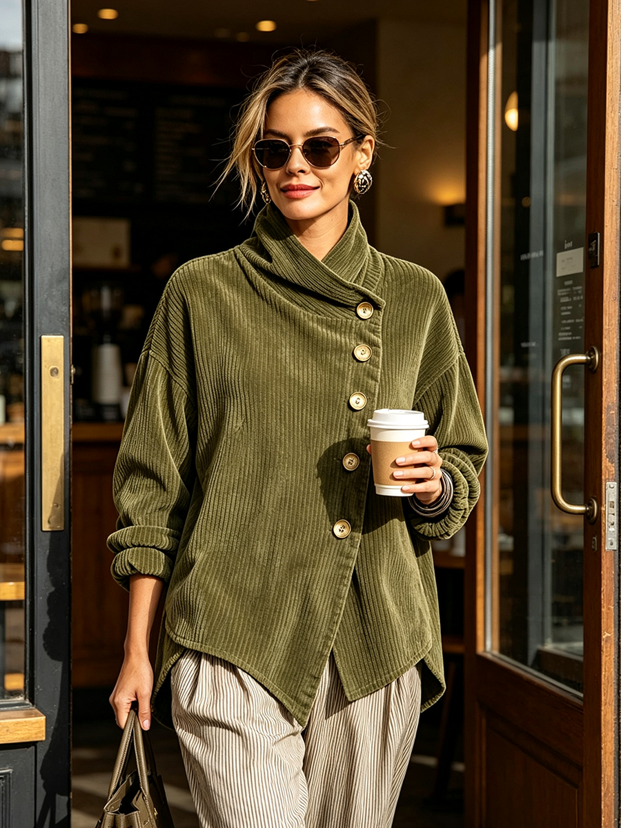 Olive Green Ribbed Corduroy Sweater with High Neck and Diagonal Buttons 2