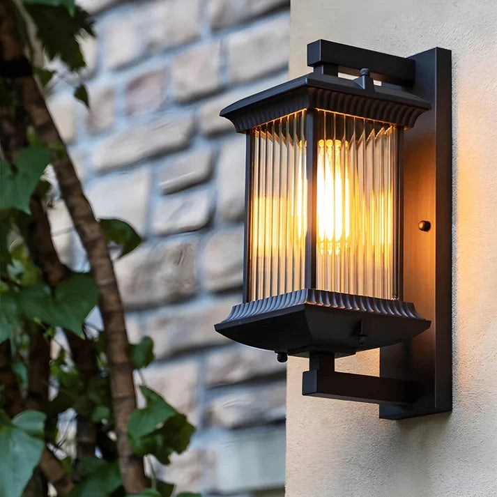 Classic Lantern-Style Outdoor Wall Light with Fluted Glass Panels 1