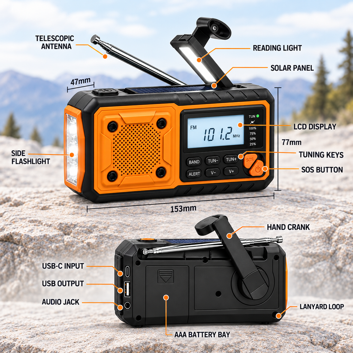 Portable Emergency Crank Radio with Solar Panel, Flashlight and Bluetooth 4