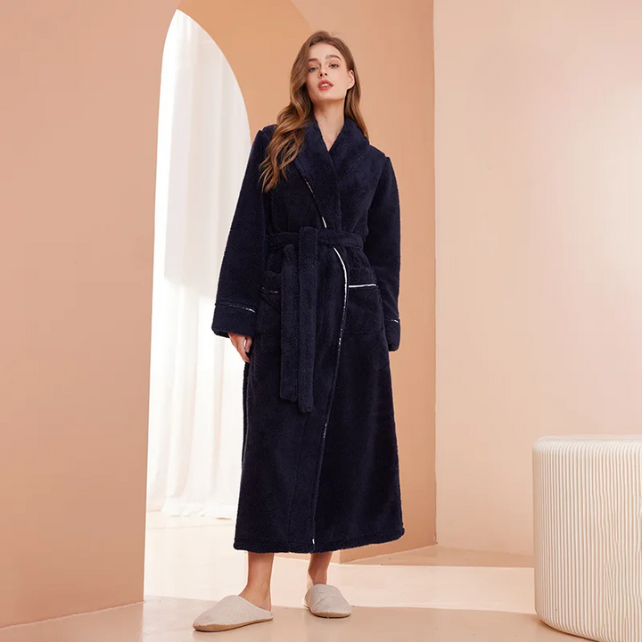 Long Flannel Bathrobe with Shawl Collar and Tie Belt 1