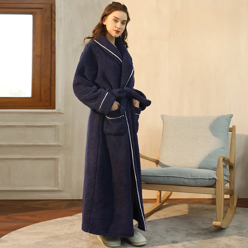 Long Flannel Bathrobe with Shawl Collar and Tie Belt 10