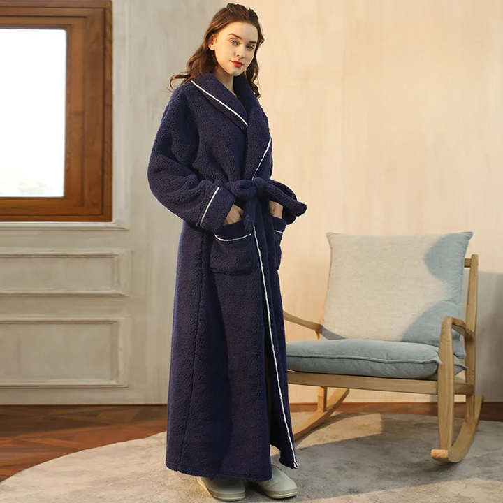 Long Flannel Bathrobe with Shawl Collar and Tie Belt 10