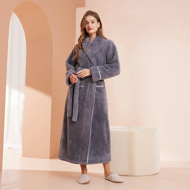 Long Flannel Bathrobe with Shawl Collar and Tie Belt 11