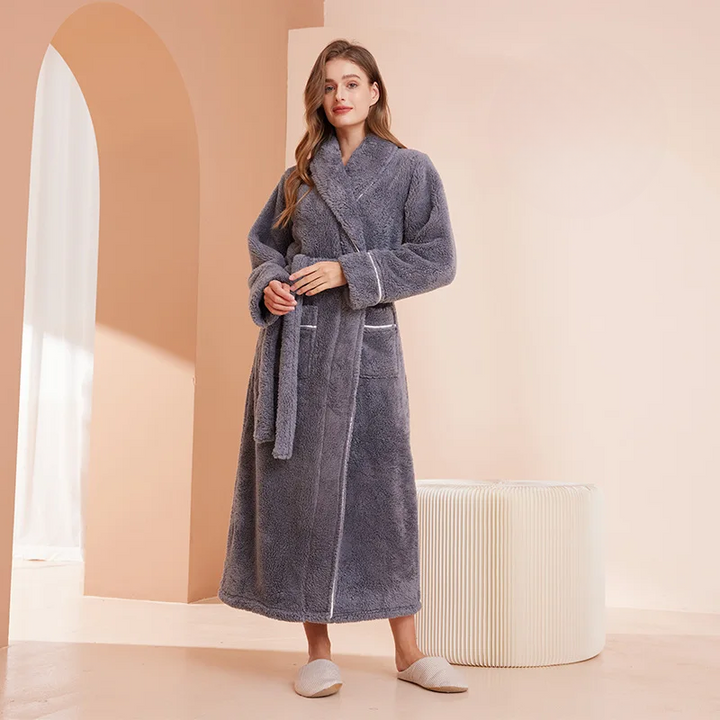 Long Flannel Bathrobe with Shawl Collar and Tie Belt 11
