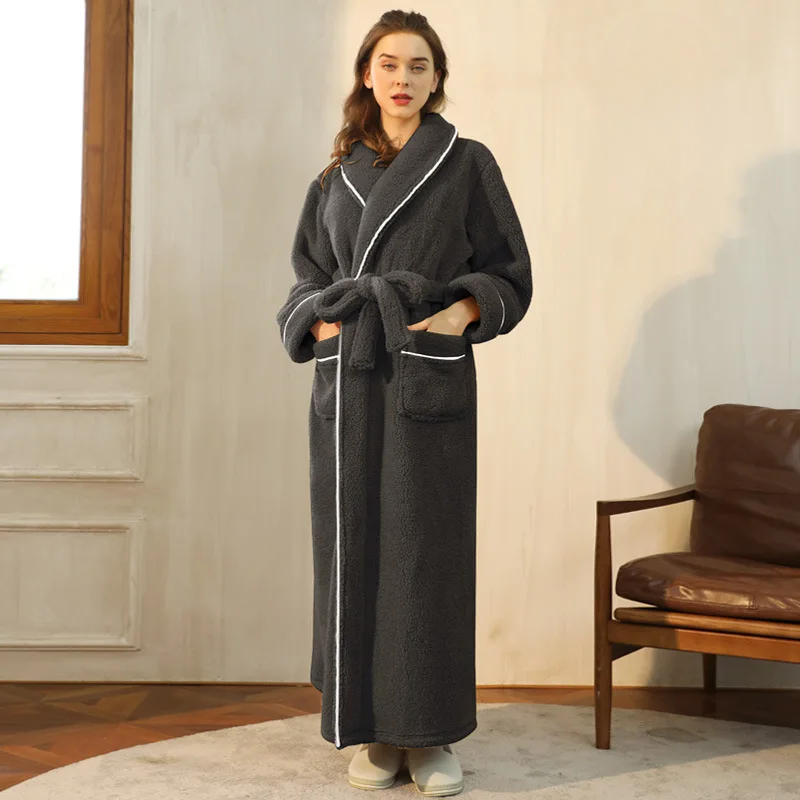 Long Flannel Bathrobe with Shawl Collar and Tie Belt 2