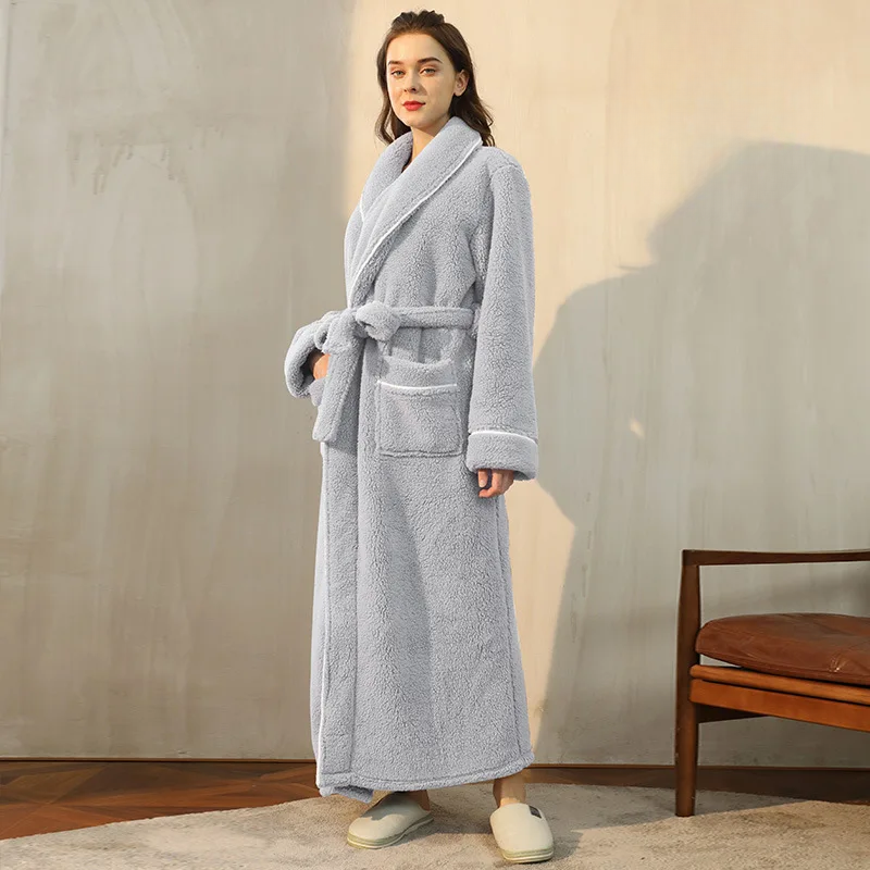 Long Flannel Bathrobe with Shawl Collar and Tie Belt 3