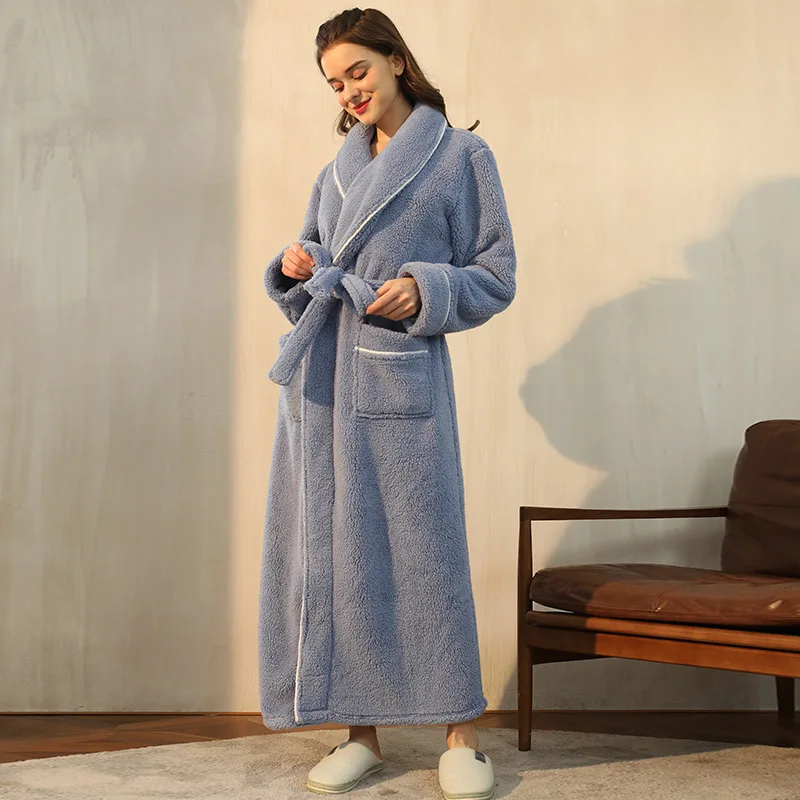 Long Flannel Bathrobe with Shawl Collar and Tie Belt 4