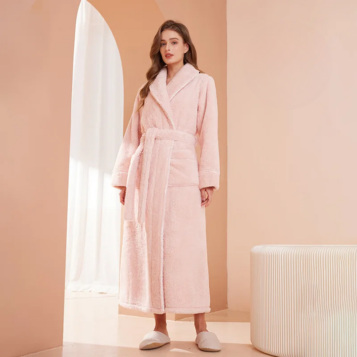 Long Flannel Bathrobe with Shawl Collar and Tie Belt 5