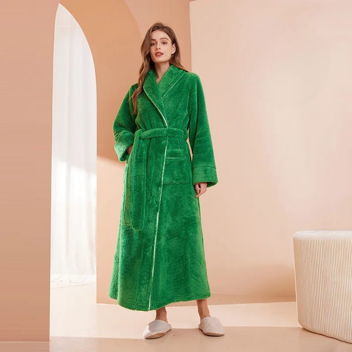 Long Flannel Bathrobe with Shawl Collar and Tie Belt 6