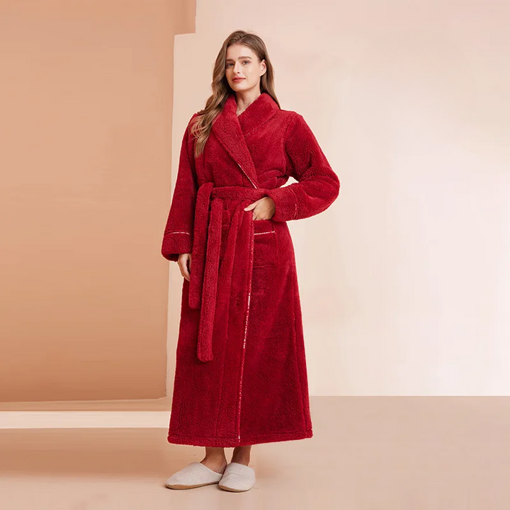 Long Flannel Bathrobe with Shawl Collar and Tie Belt 7