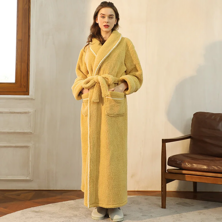 Long Flannel Bathrobe with Shawl Collar and Tie Belt 8