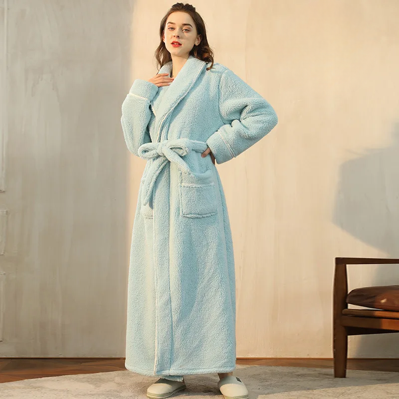 Long Flannel Bathrobe with Shawl Collar and Tie Belt 9