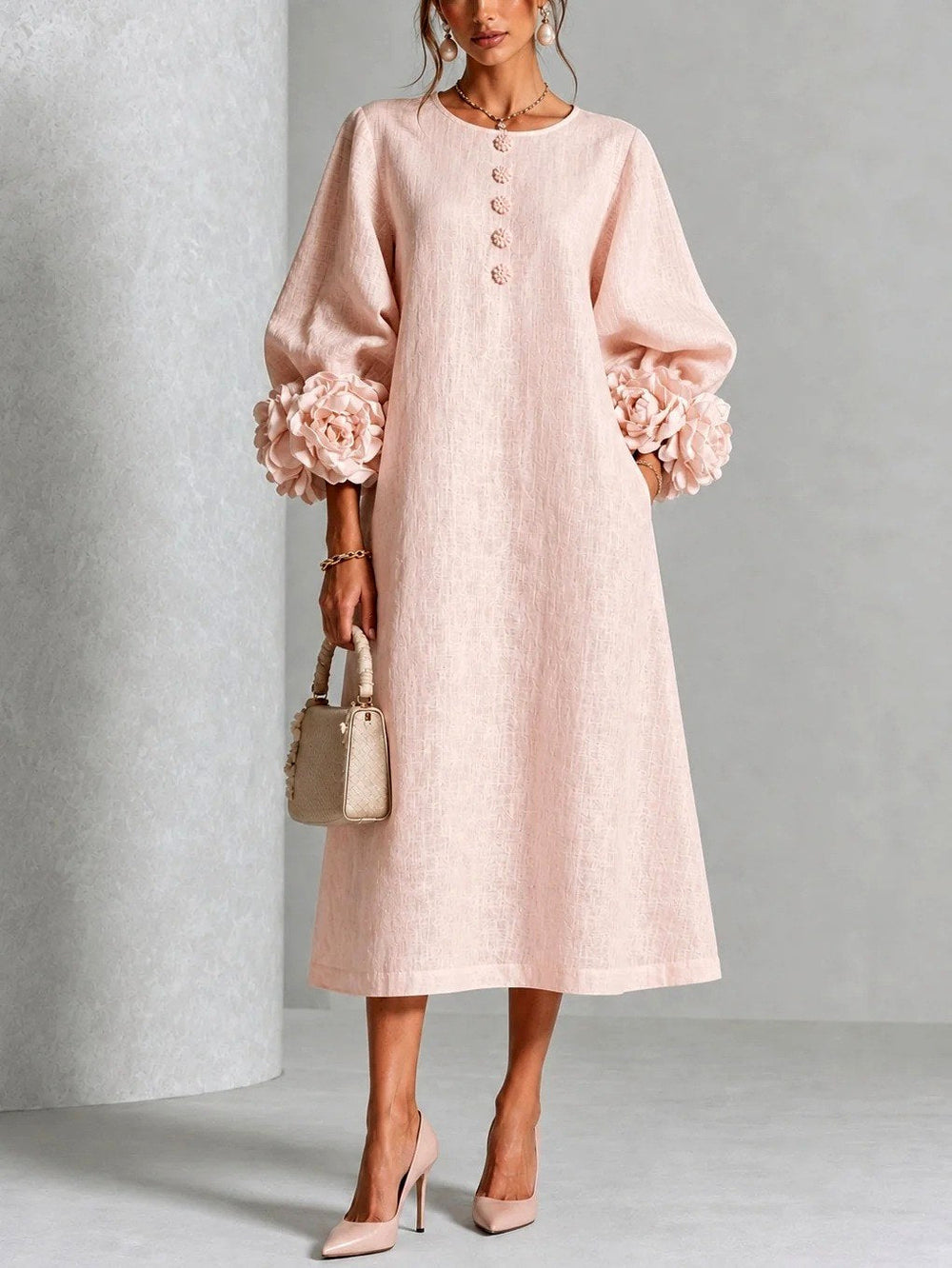 Women's Midi Dress with Floral Cuff Details and A-Line Silhouette 2