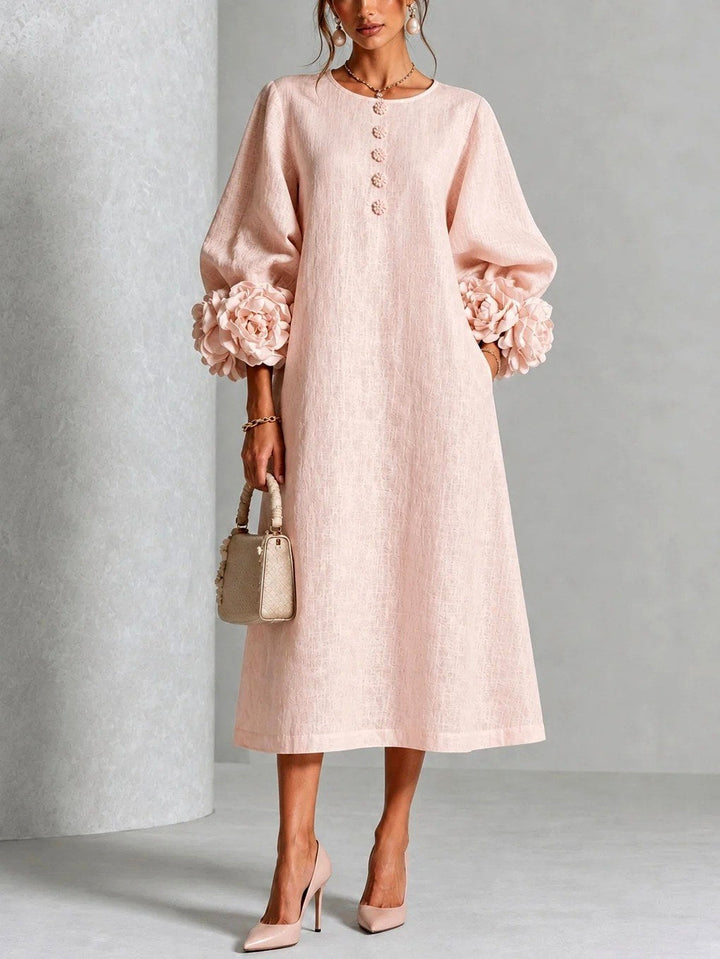 Women's Midi Dress with Floral Cuff Details and A-Line Silhouette 2