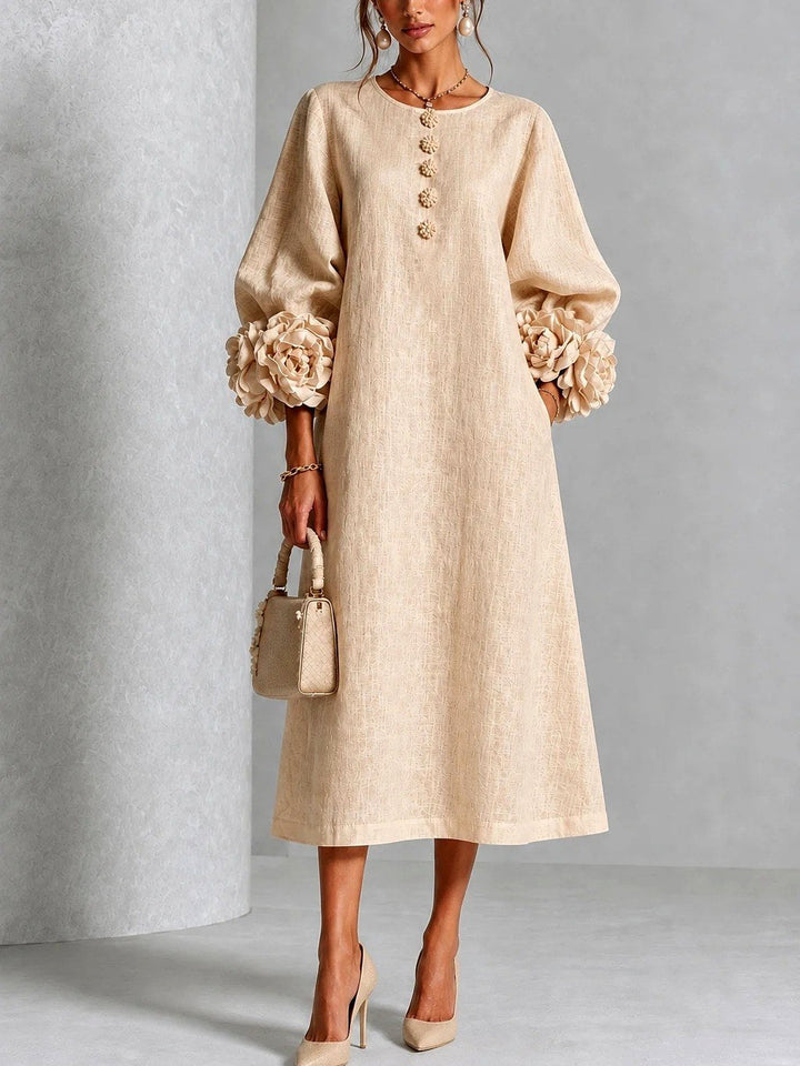 Women's Midi Dress with Floral Cuff Details and A-Line Silhouette 4