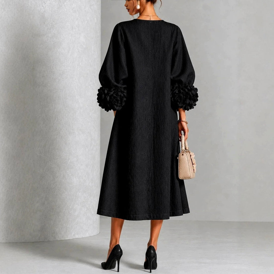 Women's Midi Dress with Floral Cuff Details and A-Line Silhouette 7