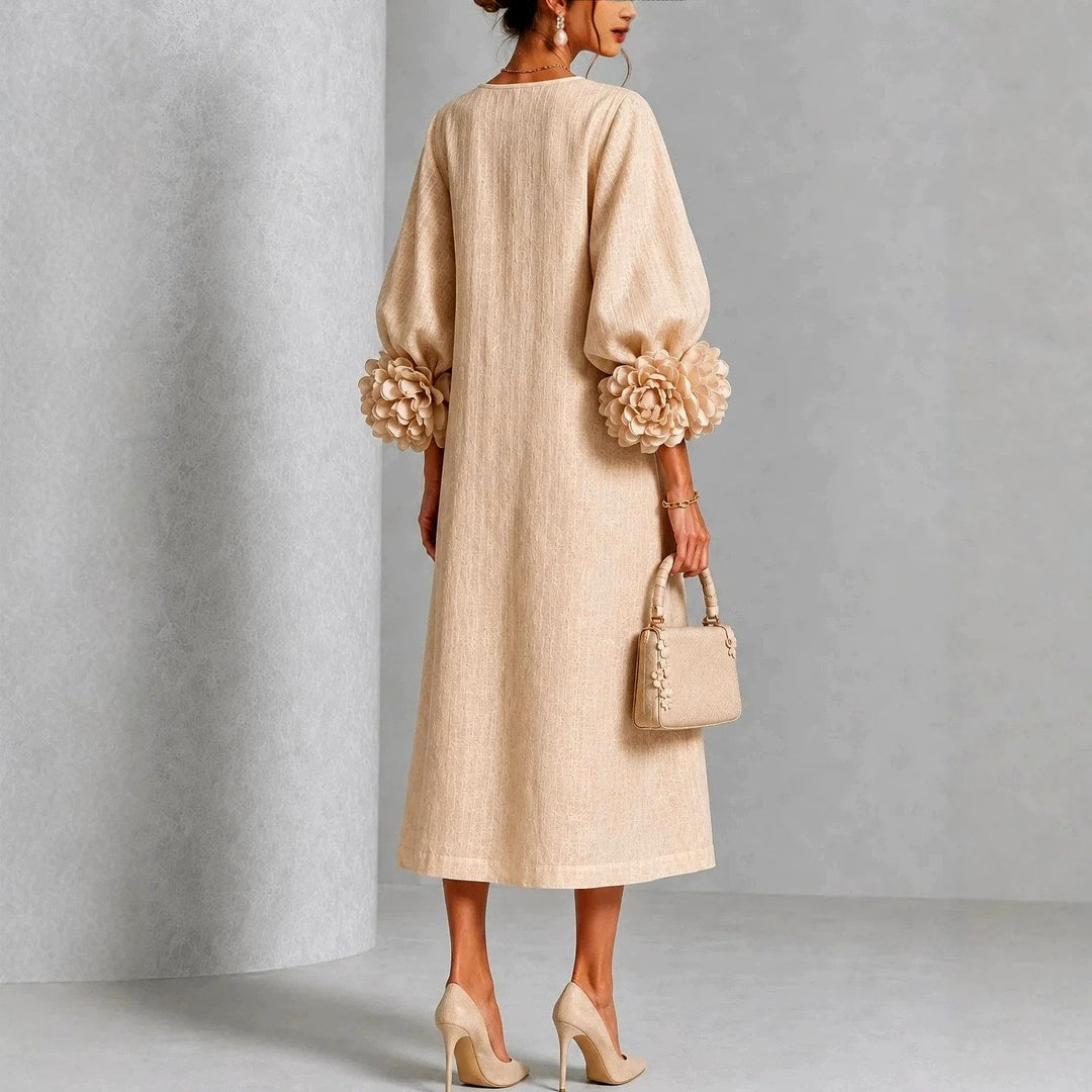 Women's Midi Dress with Floral Cuff Details and A-Line Silhouette 5