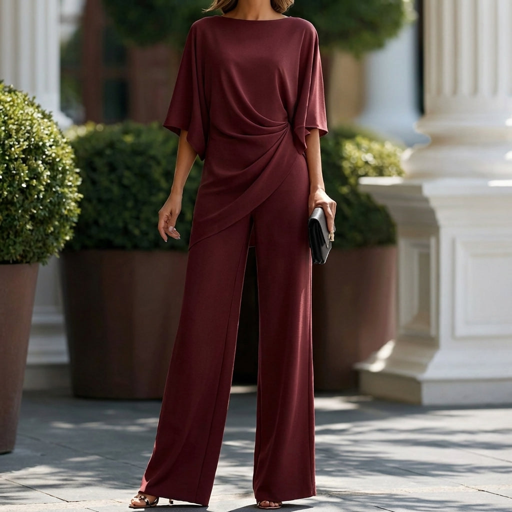 Draped Blouse & Wide-Leg Pant Two-Piece Set 9