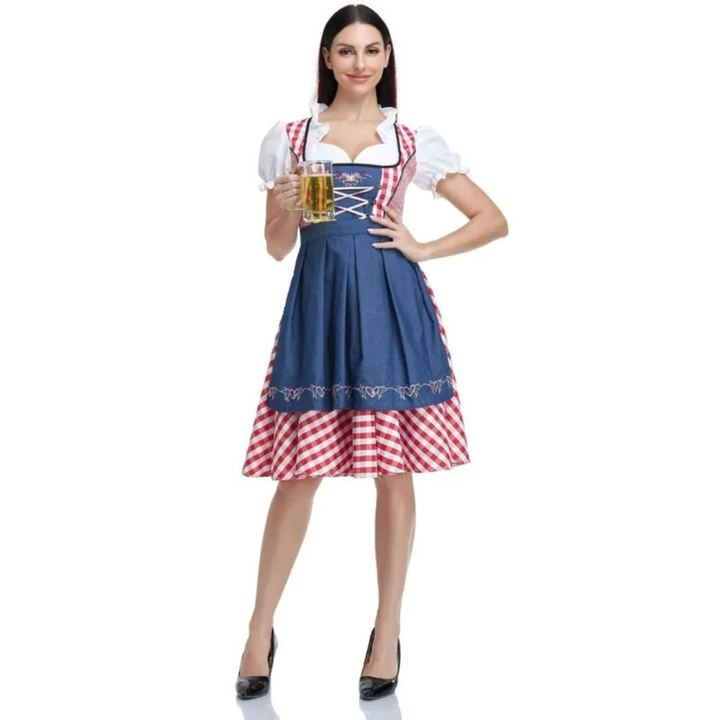 Women's Plaid Dirndl Dress with Lace-Up Bodice and Apron, Oktoberfest Midi 7