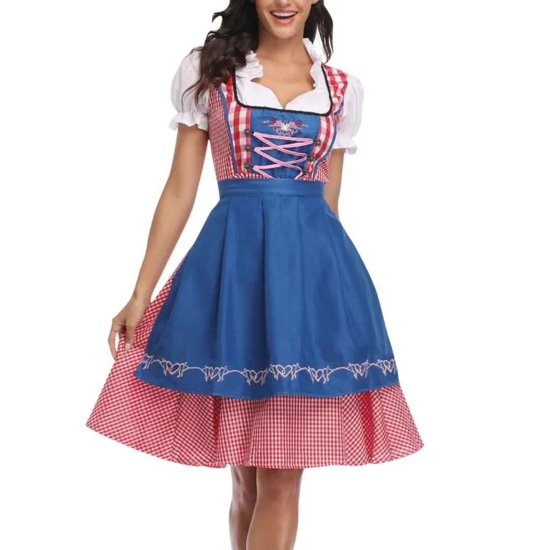 Women's Plaid Dirndl Dress with Lace-Up Bodice and Apron, Oktoberfest Midi 3