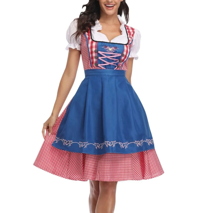 Women's Plaid Dirndl Dress with Lace-Up Bodice and Apron, Oktoberfest Midi 3