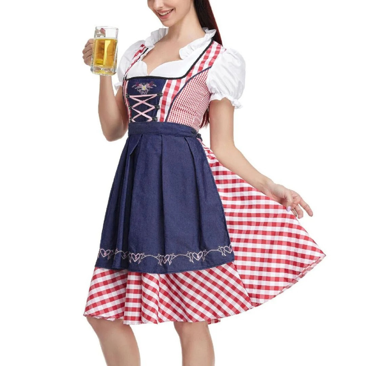 Women's Plaid Dirndl Dress with Lace-Up Bodice and Apron, Oktoberfest Midi 2