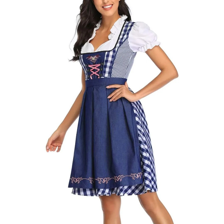 Women's Plaid Dirndl Dress with Lace-Up Bodice and Apron, Oktoberfest Midi 6