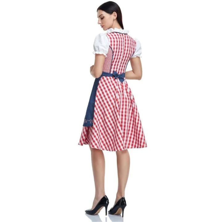 Women's Plaid Dirndl Dress with Lace-Up Bodice and Apron, Oktoberfest Midi 8