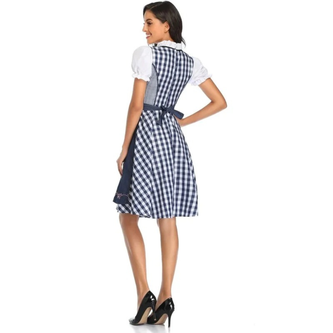 Women's Plaid Dirndl Dress with Lace-Up Bodice and Apron, Oktoberfest Midi 11