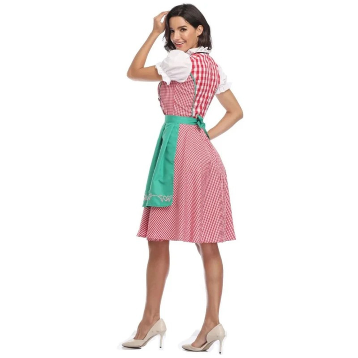 Women's Plaid Dirndl Dress with Lace-Up Bodice and Apron, Oktoberfest Midi 10