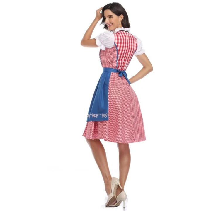 Women's Plaid Dirndl Dress with Lace-Up Bodice and Apron, Oktoberfest Midi 9