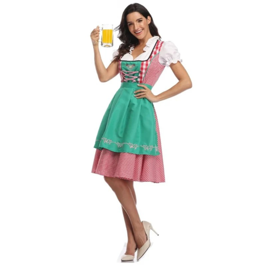 Women's Plaid Dirndl Dress with Lace-Up Bodice and Apron, Oktoberfest Midi 4