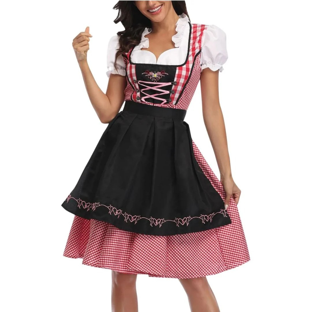 Women's Plaid Dirndl Dress with Lace-Up Bodice and Apron, Oktoberfest Midi 1