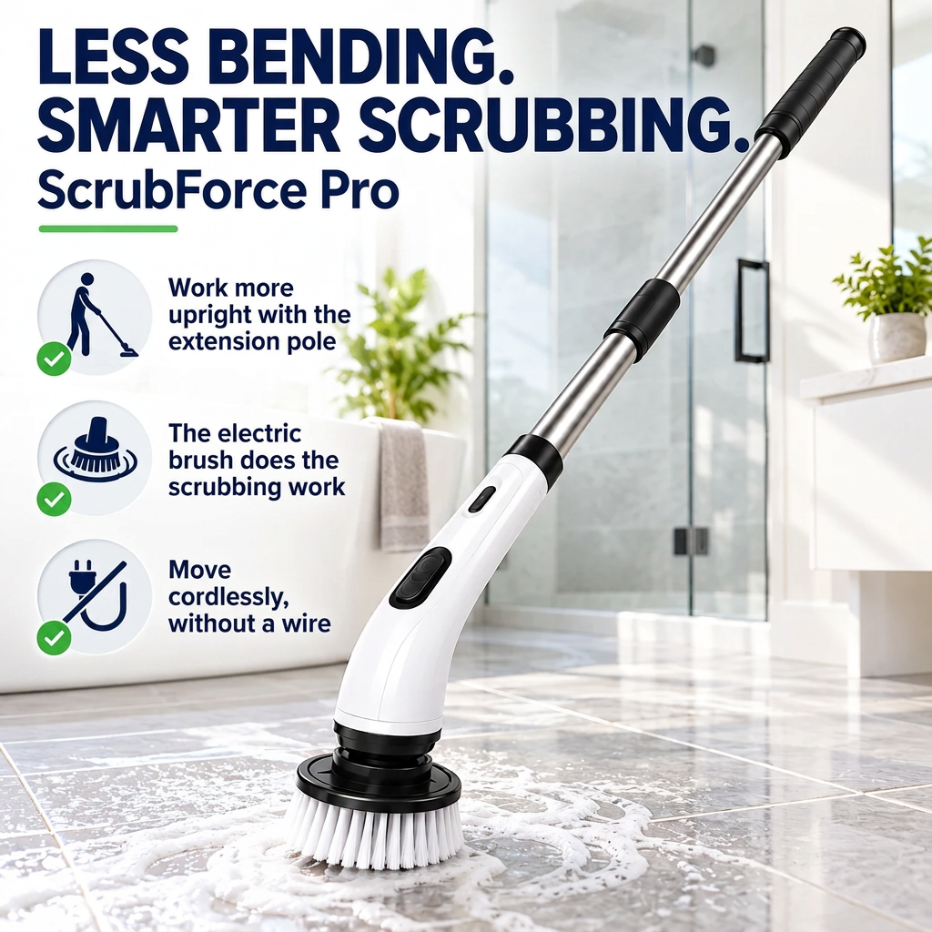 Cordless Electric Spin Scrubber with Extension Pole and Interchangeable Brush Heads 1