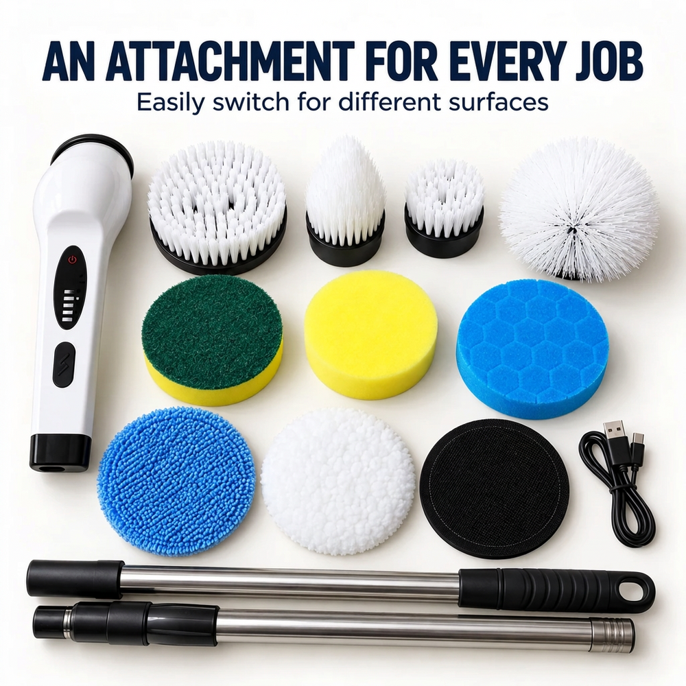 Cordless Electric Spin Scrubber with Extension Pole and Interchangeable Brush Heads 2