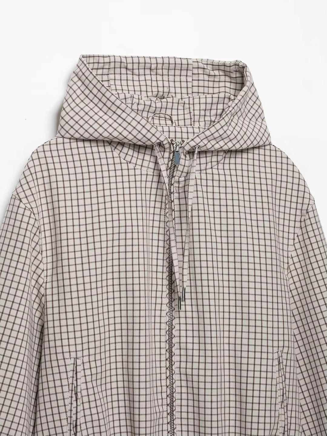 Women's Plaid Hooded Cropped Jacket with Zip Front and Drawstring Hem 7