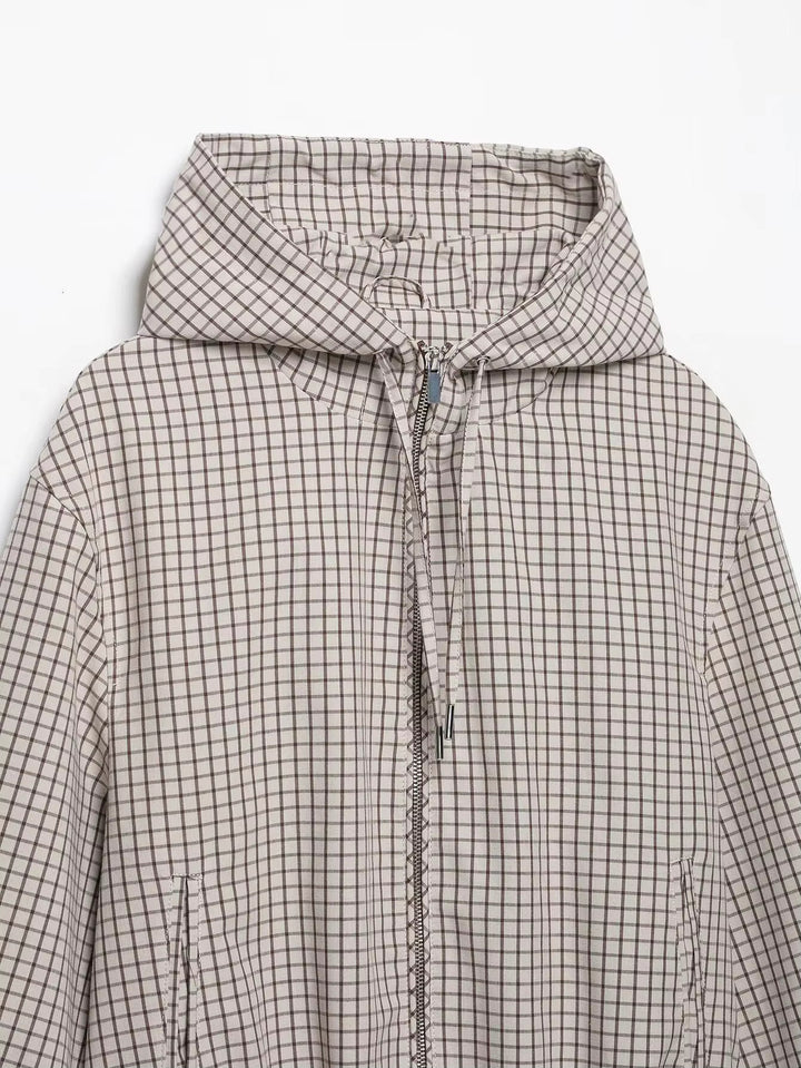 Women's Plaid Hooded Cropped Jacket with Zip Front and Drawstring Hem 7