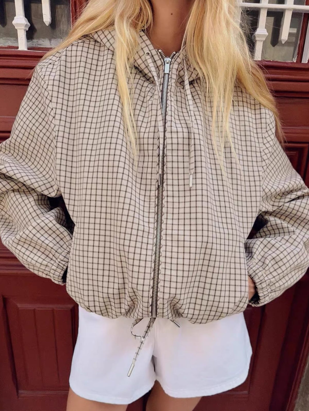 Women's Plaid Hooded Cropped Jacket with Zip Front and Drawstring Hem 3
