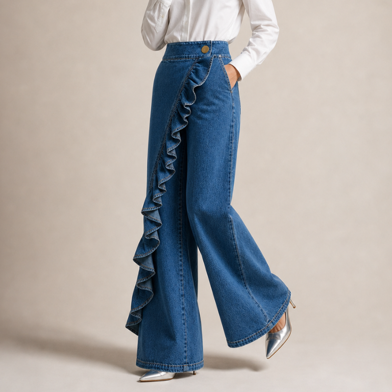 Women's Wide Denim Pants with Asymmetric Ruffle, Culotte Style 6