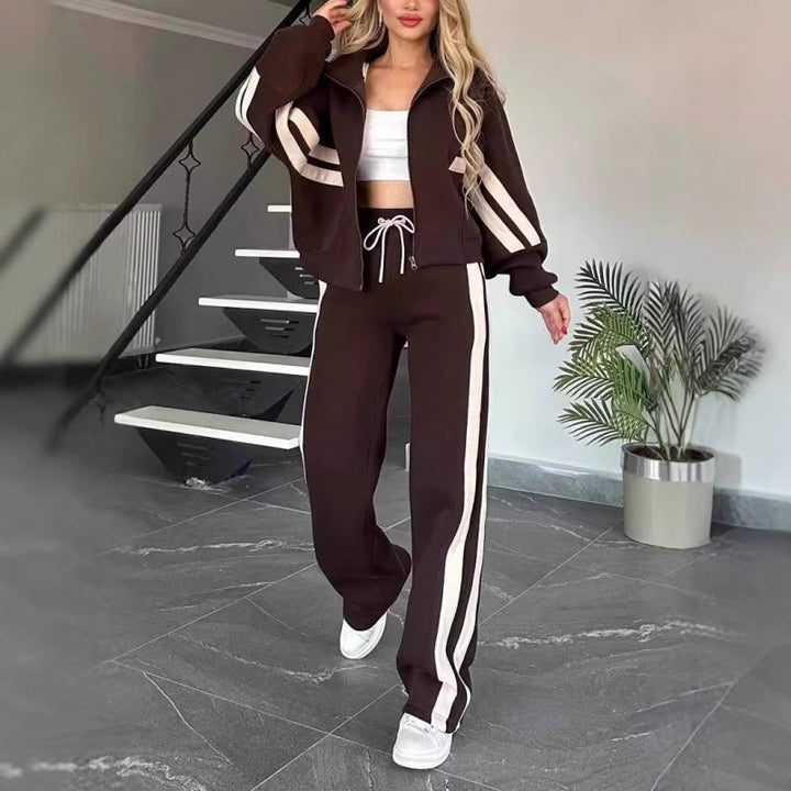 Women's Zip-Up Jacket and Wide-Leg Pants Lounge Set with Contrast Stripes 8