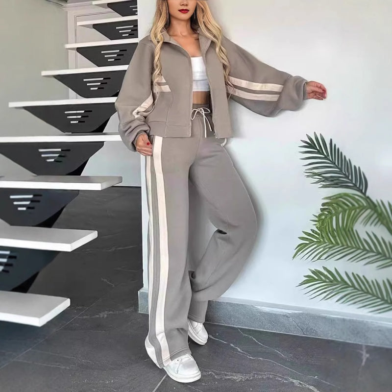Women's Zip-Up Jacket and Wide-Leg Pants Lounge Set with Contrast Stripes 6