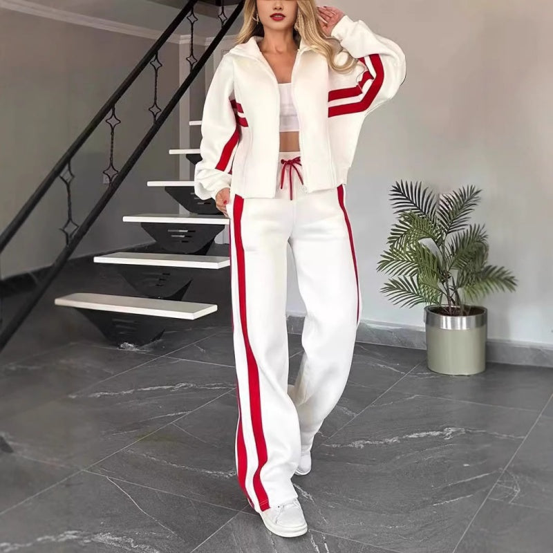 Women's Zip-Up Jacket and Wide-Leg Pants Lounge Set with Contrast Stripes 1